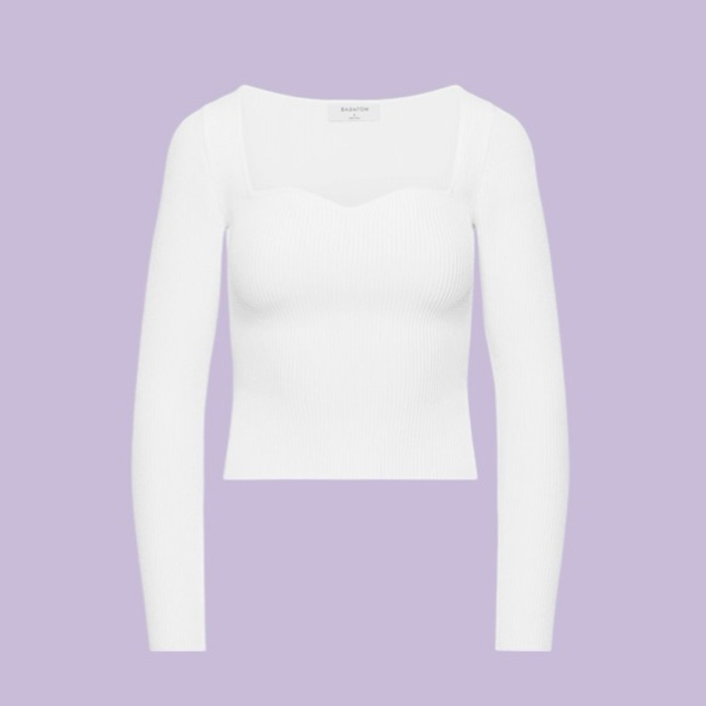 Aritzia Babaton Knit White Ribbed Sweetheart-Neck Long Sleeve